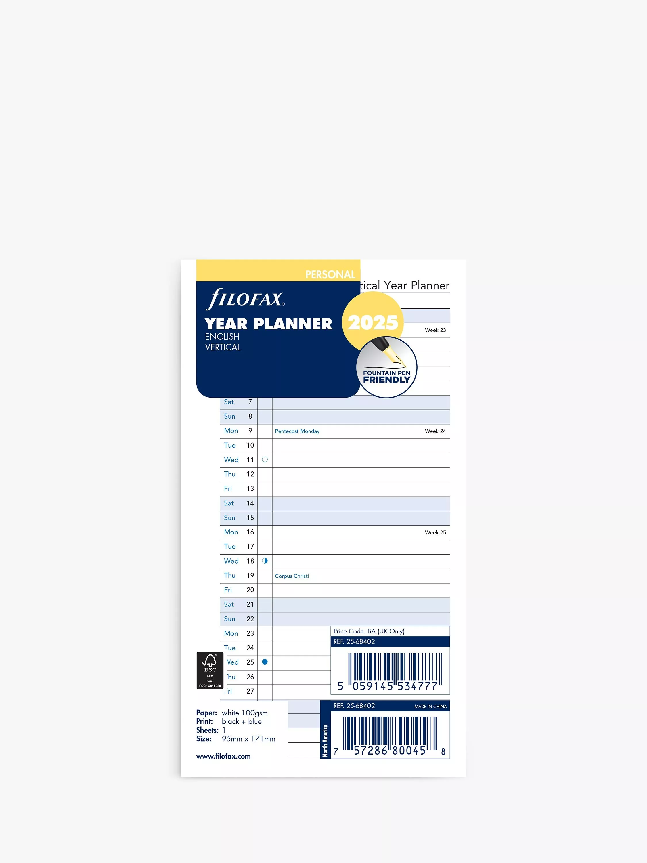 Filofax Vertical 2025 Year Planner Personal Organiser Insert