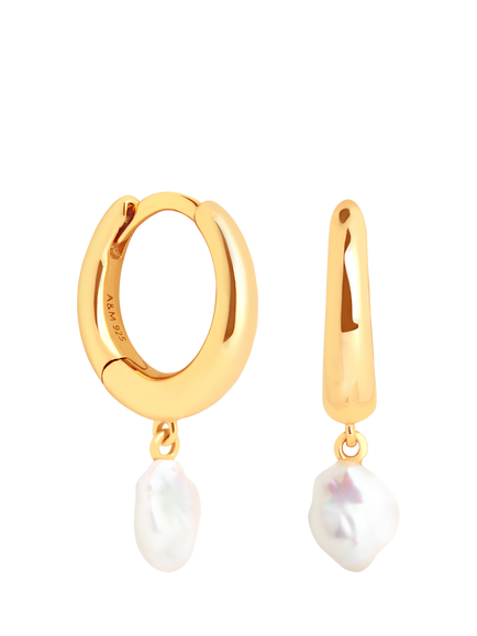 Astrid & Miyu Pearl Charm Huggies, Gold, Gold