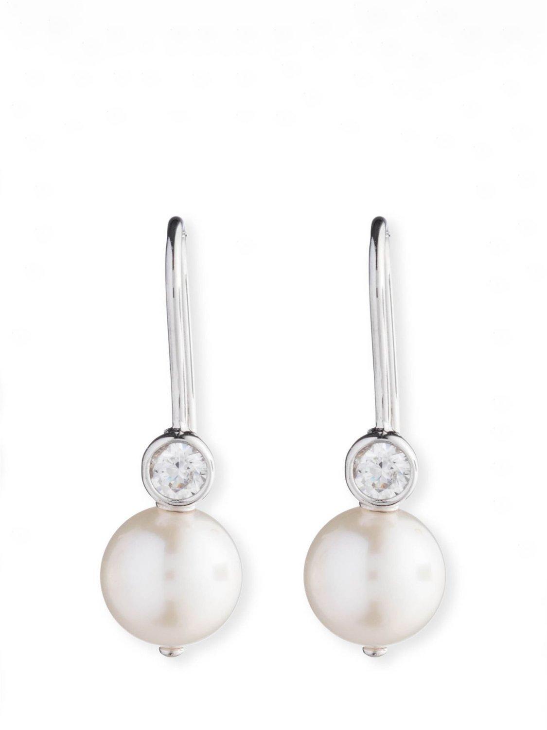 Product image 1 of 4, which shows Lauren Ralph Lauren Freshwater Pearl and Crystal Threader Earrings, Silver/White
