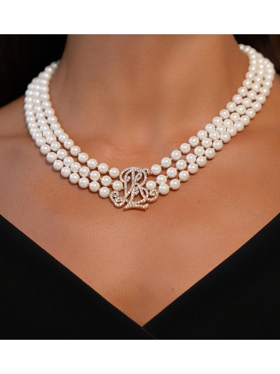 Lauren Ralph Lauren Crystal Logo Multi Row Glass Pearl Choker Necklace Gold White