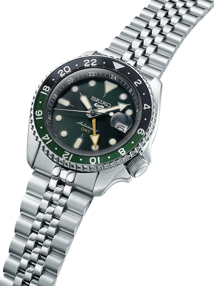 Seiko SSK035K1 Men's 5 Sports SKX GMT Date Automatic Bracelet Strap Watch, Green/Silver - view 2, Green/Silver