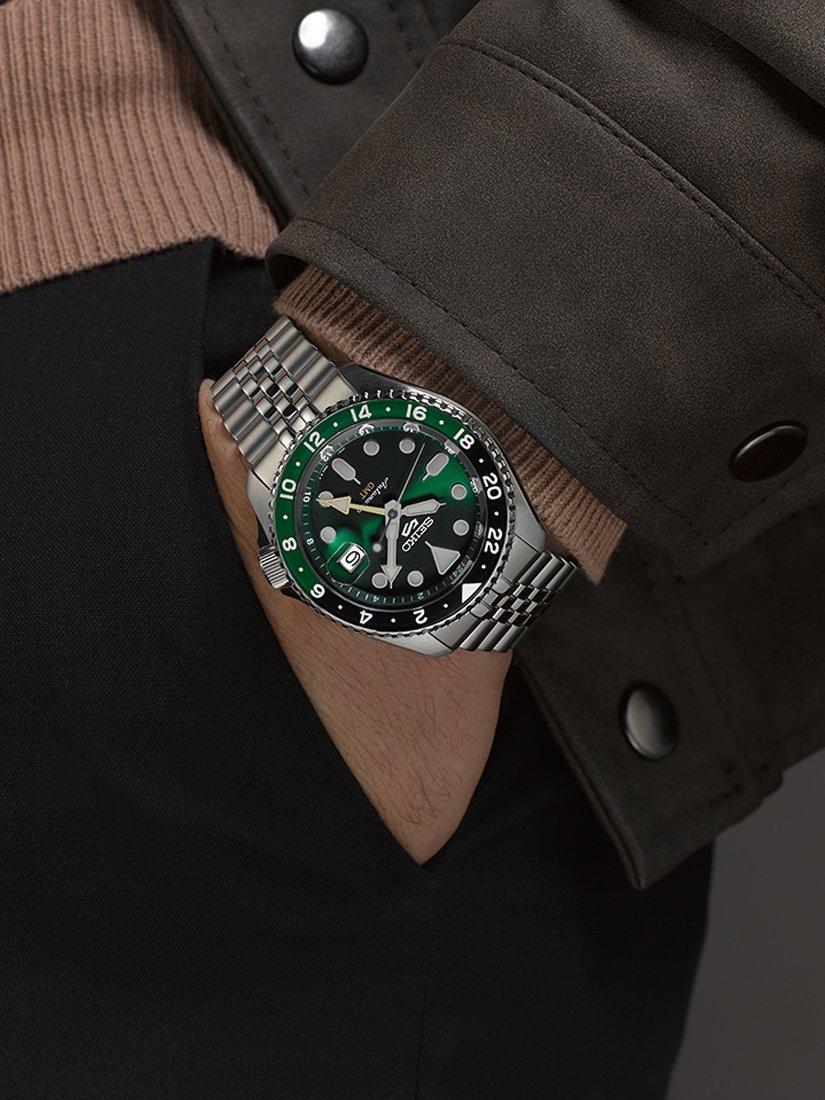 Product image 5 of 5, which shows Seiko SSK035K1 Men's 5 Sports SKX GMT Date Automatic Bracelet Strap Watch, Green/Silver