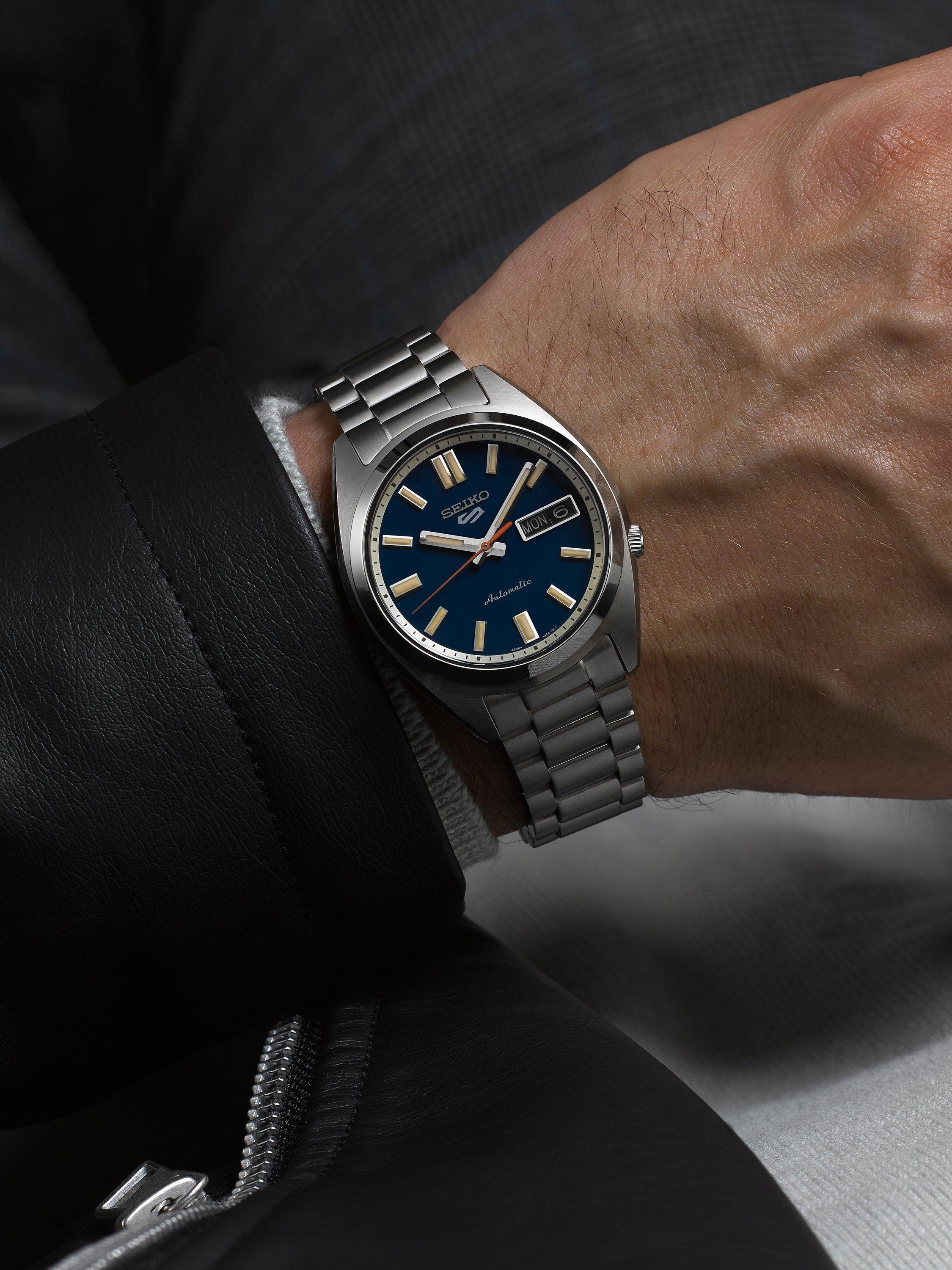 Product image 4 of 5, which shows Seiko SRPK87K1 Men's  5 Sports SNXS Classic Sports Automatic Day Date Bracelet Strap Watch, Silver/Blue
