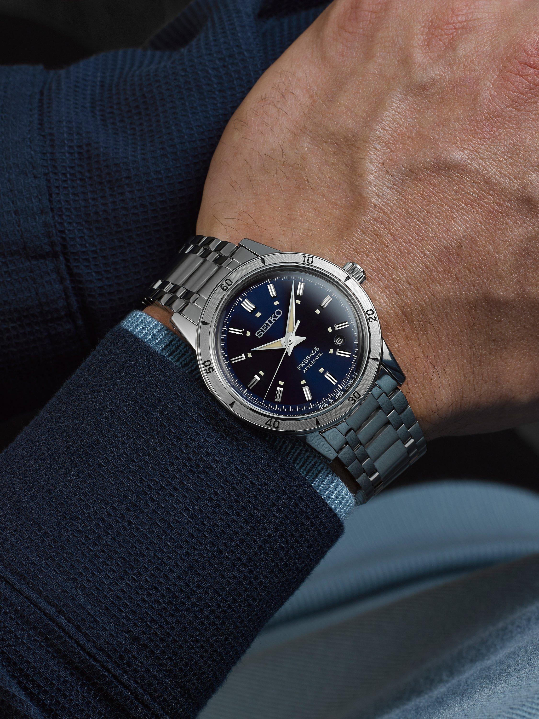 Product image 4 of 5, which shows Seiko Presage Style 60s Elegant Yet Rugged Automatic Bracelet Strap Watch, SRPL07J1 Silver/Navy