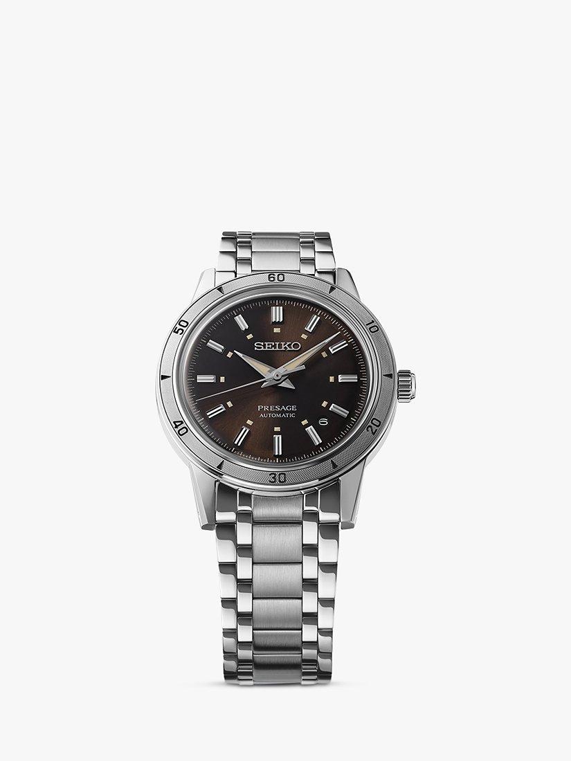Product image 1 of 6, which shows Seiko Presage Style 60s Elegant Yet Rugged Automatic Bracelet Strap Watch, SRPL09J1 Silver/Brown