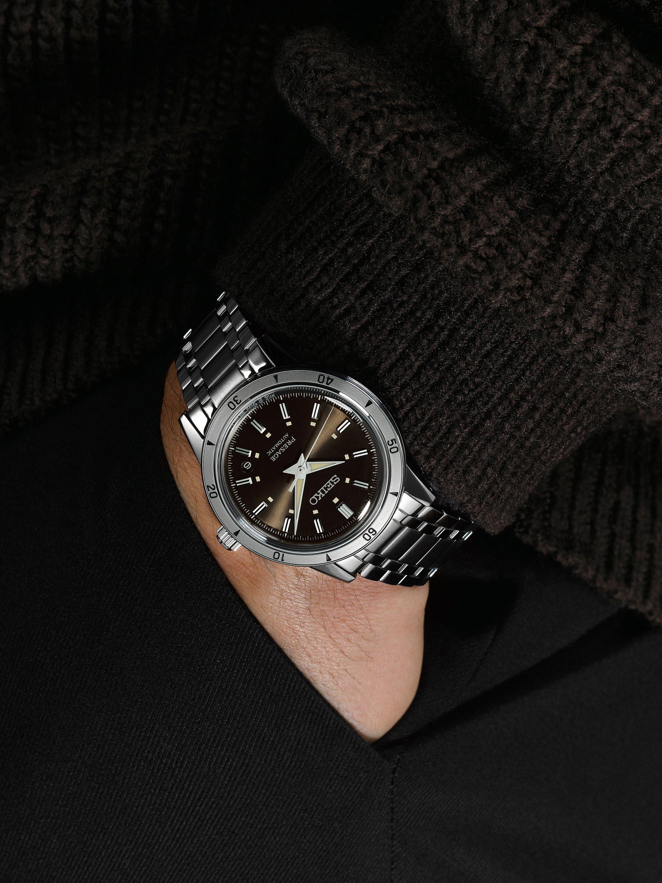 Product image 5 of 6, which shows Seiko Presage Style 60s Elegant Yet Rugged Automatic Bracelet Strap Watch, SRPL09J1 Silver/Brown