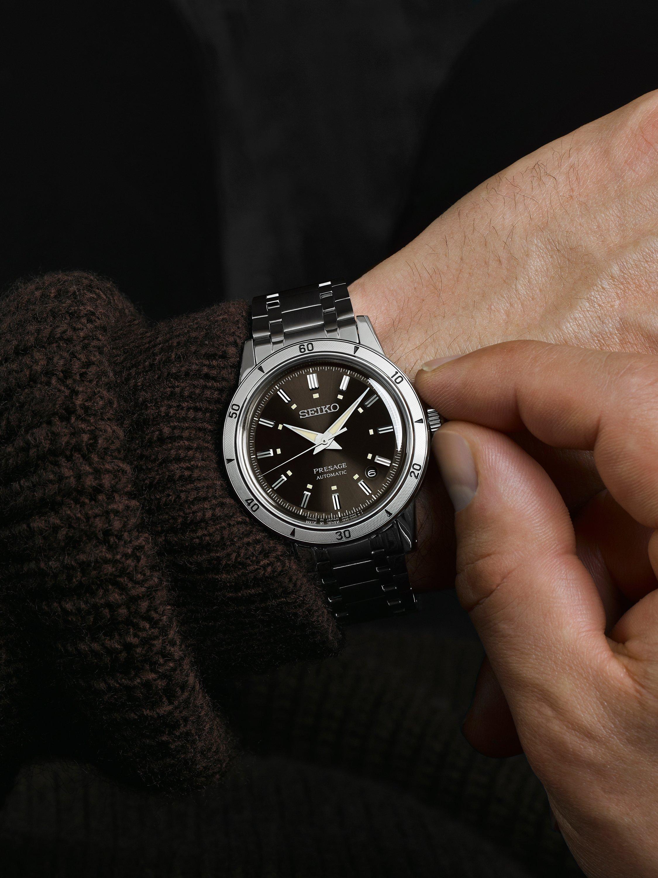 Product image 6 of 6, which shows Seiko Presage Style 60s Elegant Yet Rugged Automatic Bracelet Strap Watch, SRPL09J1 Silver/Brown