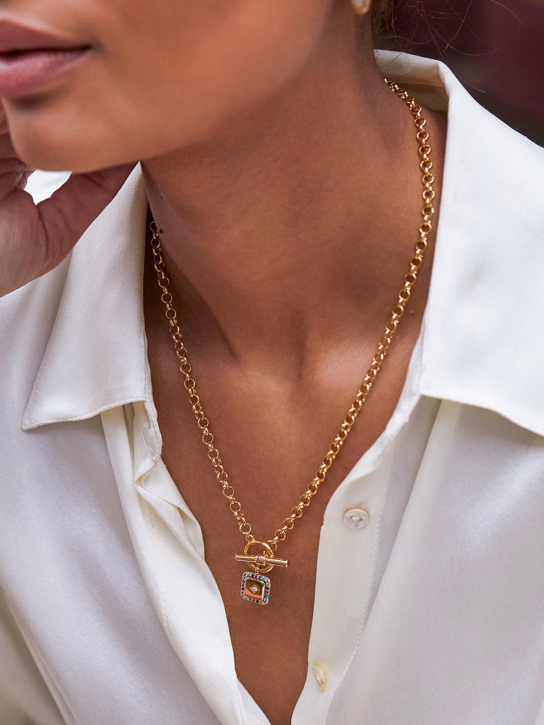Product image 2 of 4, which shows Estella Bartlett Cubic Zirconia Square Pendant T-Bar Pendant Necklace, Gold