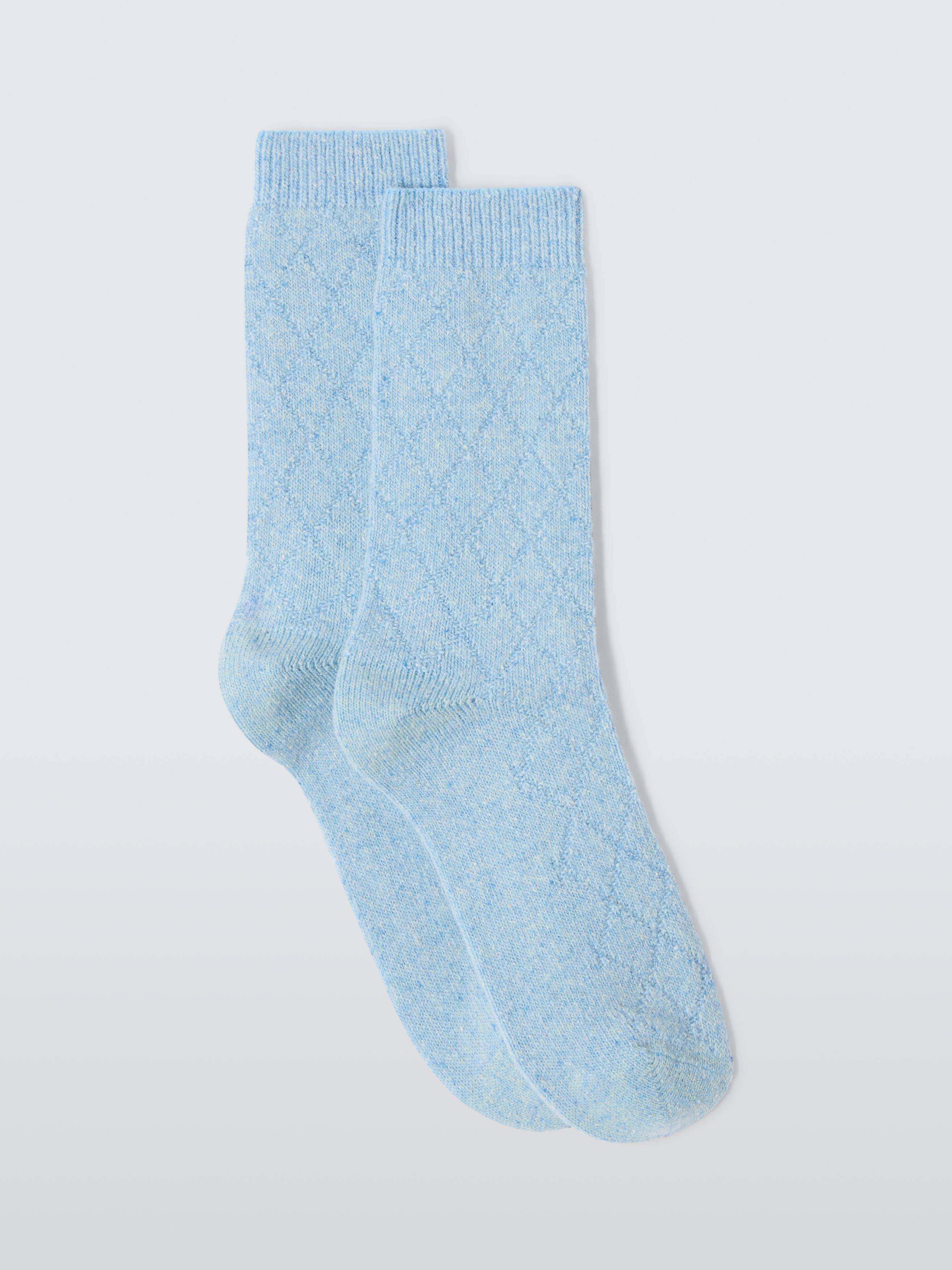 Product image 1 of 2, which shows John Lewis Diamond Cable Knit Wool Silk Blend Ankle Socks, Light Blue