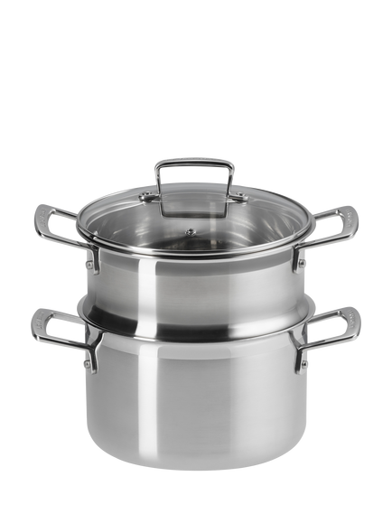 Le Creuset Classic 3-Ply Stainless Steel Deep Casserole & Steamer Set, 20cm, Stainless Steel