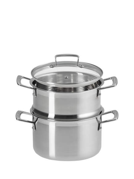Le Creuset Classic 3-Ply Stainless Steel Deep Casserole & Steamer Set, 20cm - view 2, Stainless Steel