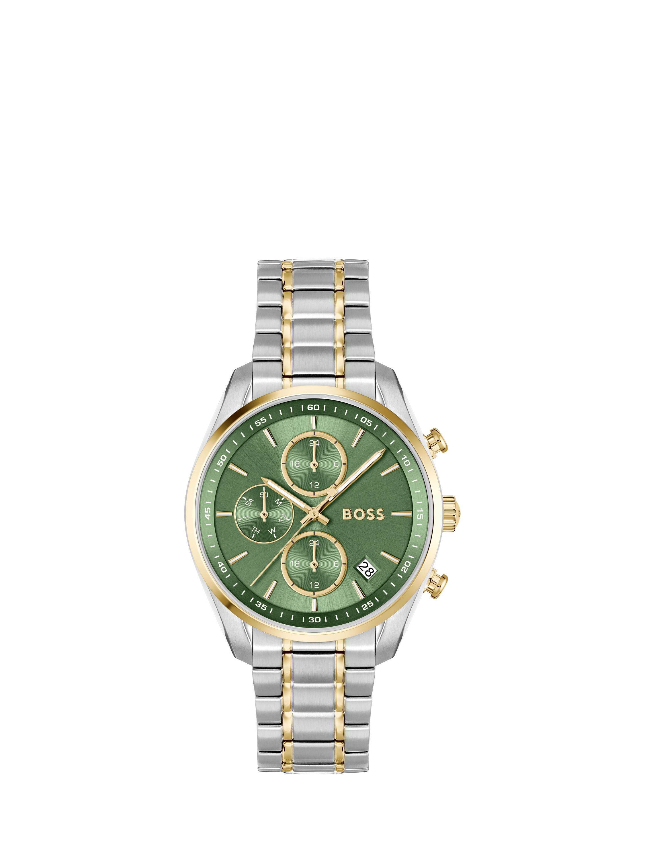 Product image 1 of 7, which shows BOSS Women's Grand Tour Chronograph Date Bracelet Strap Watch, Silver/Green 1502766