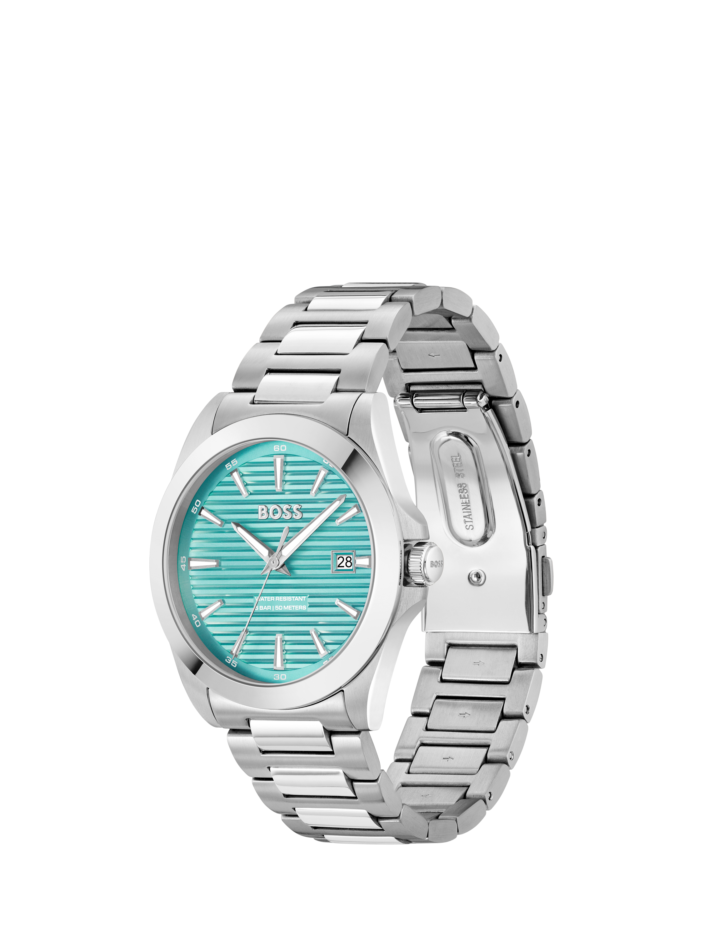 Product image 3 of 7, which shows BOSSS Men's Strike Date Bracelet Strap Watch, Silver/Turquoise 1514171