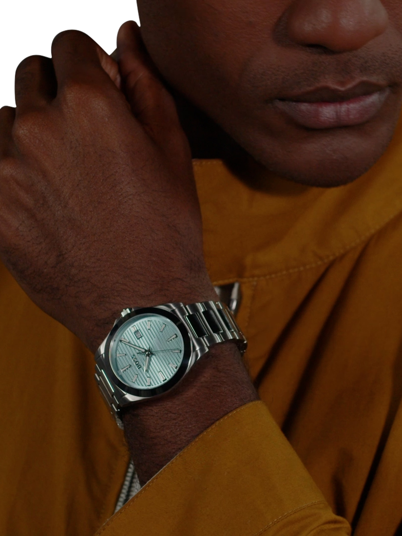 Product image 4 of 7, which shows BOSSS Men's Strike Date Bracelet Strap Watch, Silver/Turquoise 1514171