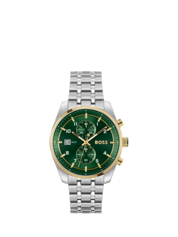 BOSS 1514195 Men's Quartz Bracelet Strap Watch, Silver/Green, Silver/Green