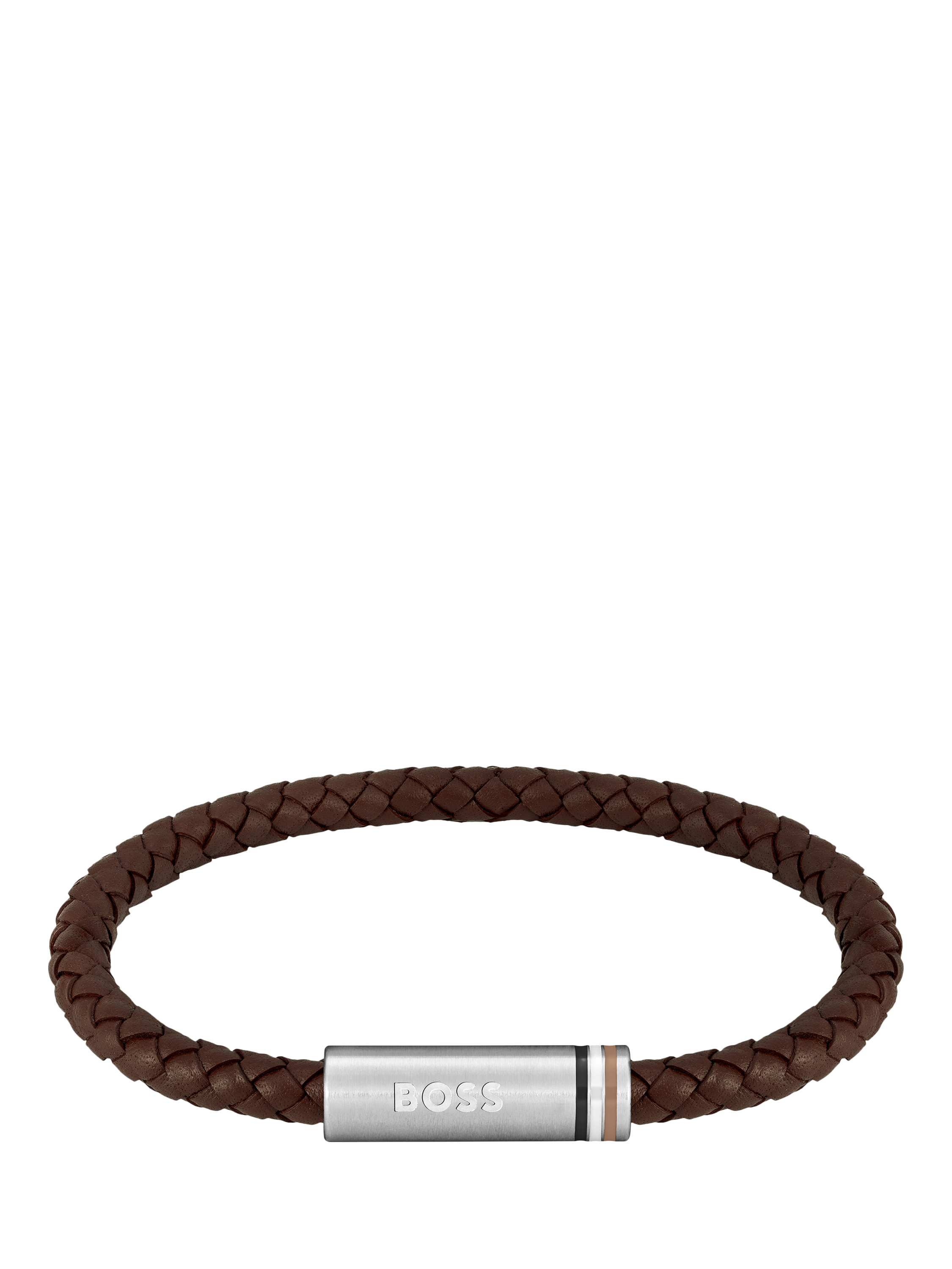 Product image 1 of 4, which shows BOSS Men's Ares Leather Braided Bracelet, Brown/Silver
