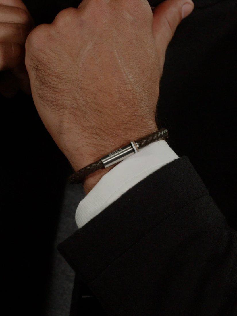 Product image 3 of 4, which shows BOSS Men's Ares Leather Braided Bracelet, Brown/Silver