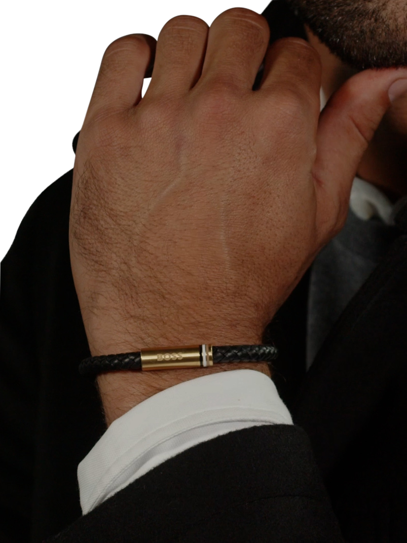 Product image 3 of 4, which shows BOSS Men's Ares Leather Braided Bracelet, Black/Gold