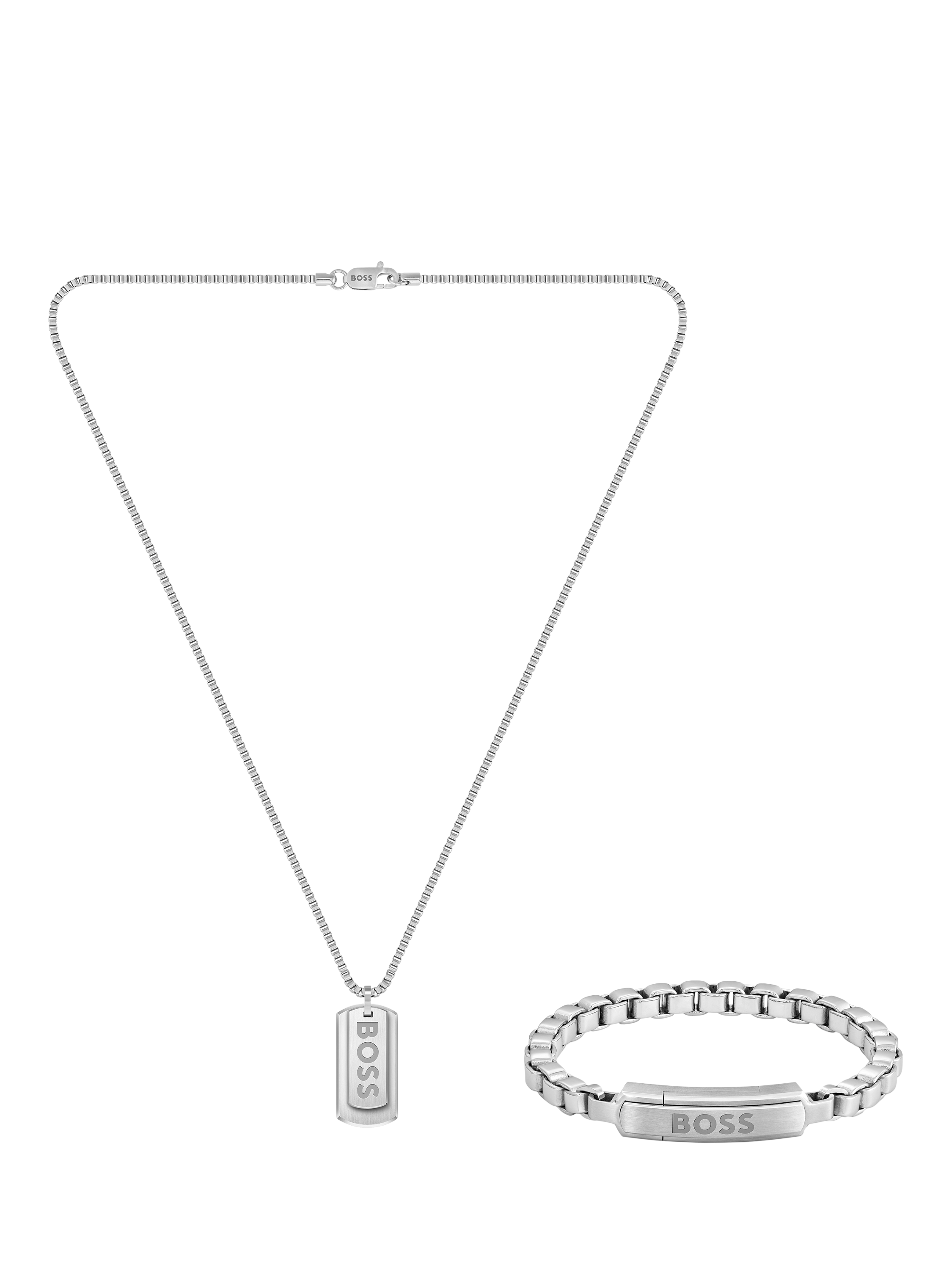 Product image 2 of 7, which shows BOSS Men's Devon Dog Tag Pendant Necklace and Box Chain Bracelet Gift Set, Silver