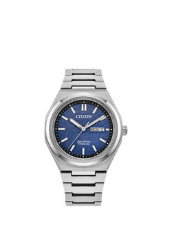 Citizen AW0130-85L Men's Zenshin Super Titanium™ Date Eco-Drive Bracelet Strap Watch, Silver/Blue, Silver/Blue
