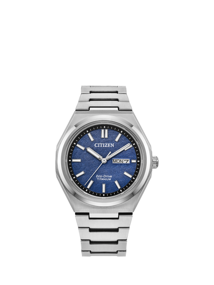 Citizen AW0130-85L Men's Zenshin Super Titanium™ Date Eco-Drive Bracelet Strap Watch, Silver/Blue, Silver/Blue