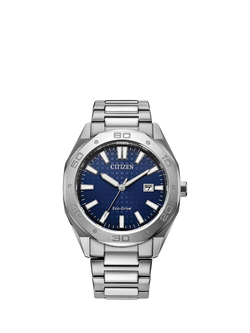 Citizen Men's Sport Octagonal Eco-Drive Date Bracelet Strap Watch, Silver/Blue
