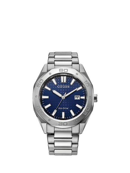 Citizen Men's Sport Octagonal Eco-Drive Date Bracelet Strap Watch, Silver/Blue