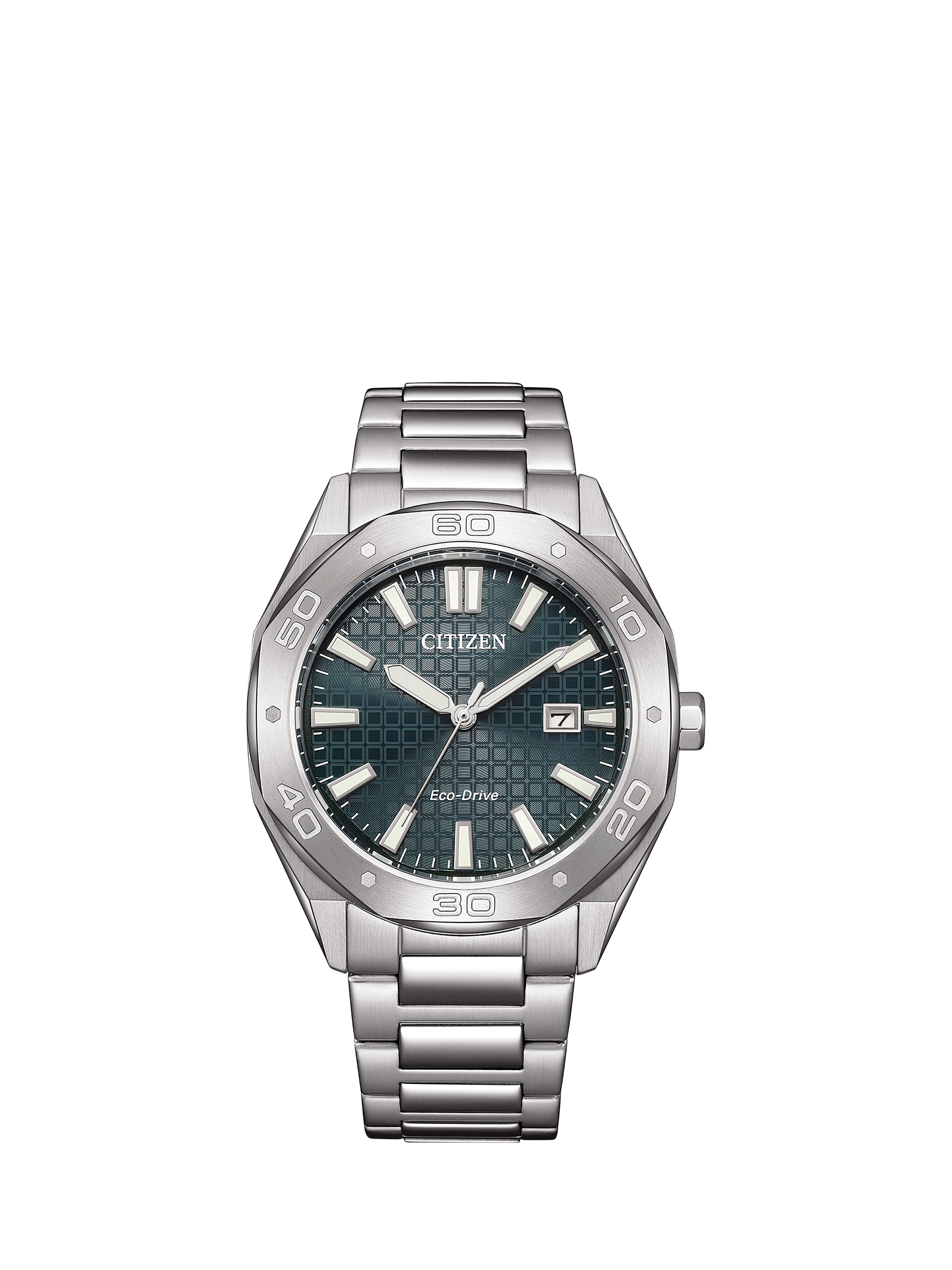 Product image 1 of 6, which shows Citizen Men's Sport Octagonal Eco-Drive Date Bracelet Strap Watch, Silver/Green BM7630-80X