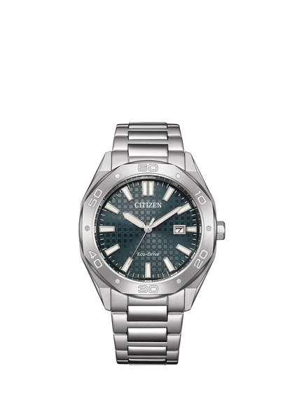 Citizen Men's Sport Octagonal Eco-Drive Date Bracelet Strap Watch, Silver/Green