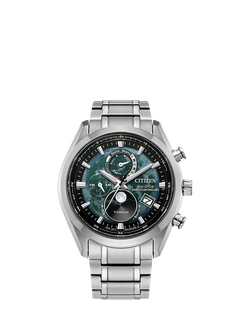 Citizen BY1010-57X Men's Eco-Drive Date Bracelet Strap Watch, Silver/Green, Silver/Green
