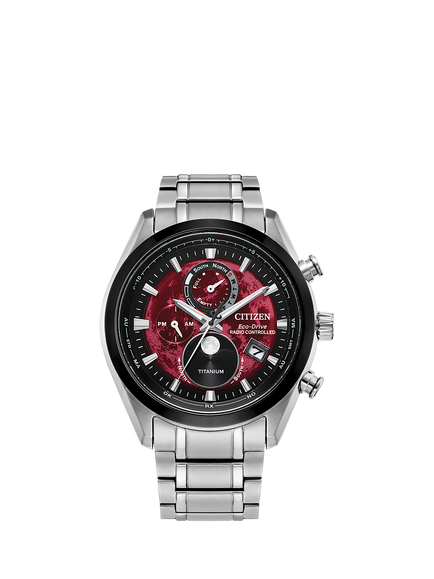 Citizen Tsuki-Yomi Radio-Controlled Moon Phase Eco-Drive Bracelet Strap Watch, Silver/Red