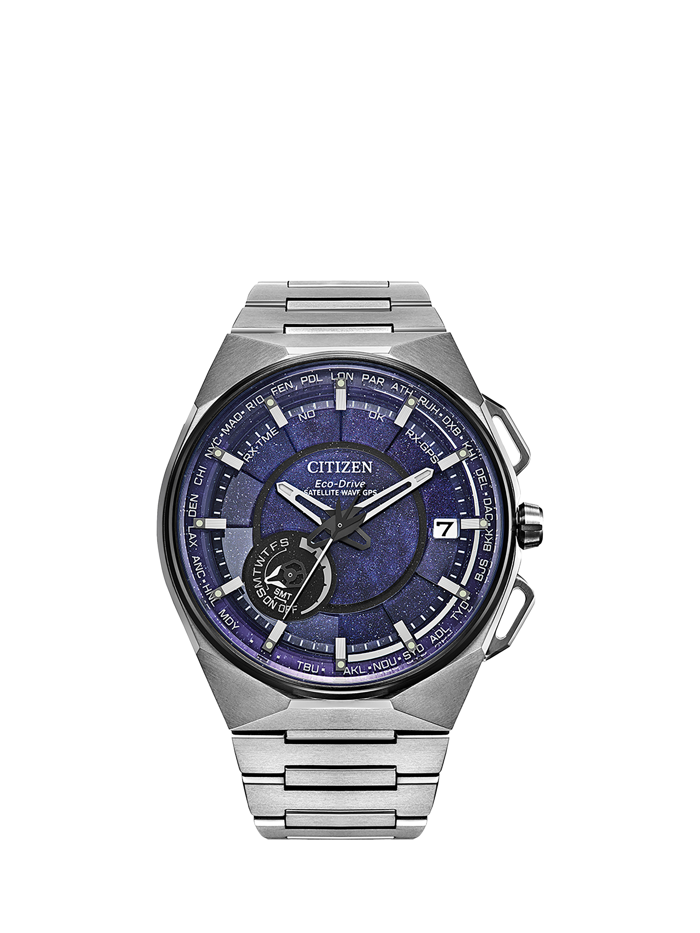 Product image 1 of 7, which shows Citizen CC3097-52L Men's Satellite Wave GPS X Super Titanium Eco-Drive Bracelet Strap Watch, Silver/Blue