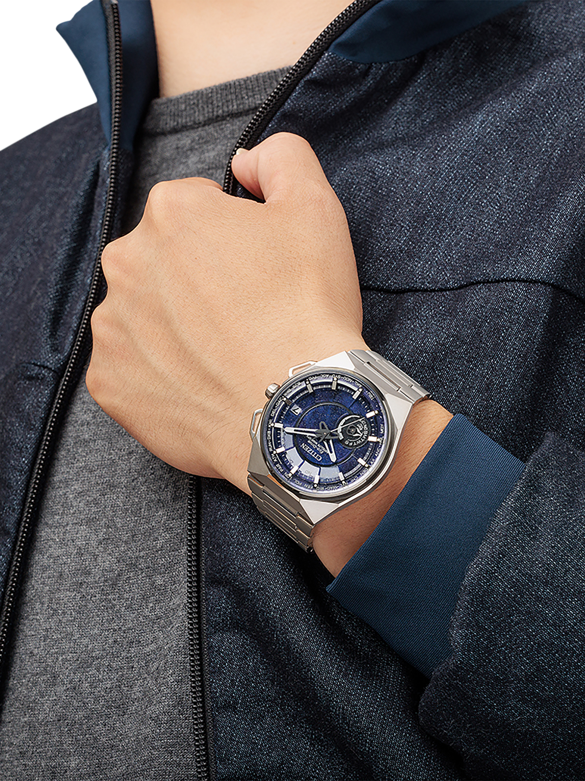 Product image 6 of 7, which shows Citizen CC3097-52L Men's Satellite Wave GPS X Super Titanium Eco-Drive Bracelet Strap Watch, Silver/Blue