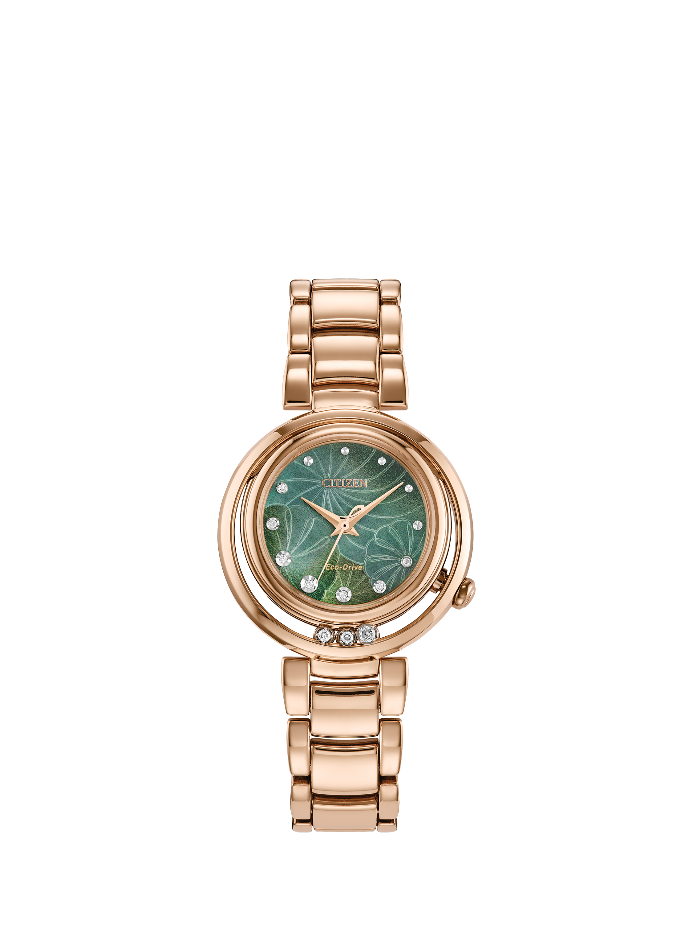 Product image 1 of 8, which shows Citizen EM1113-58Y Women's L Arcly Diamond Eco-Drive Bracelet Strap Watch, Gold/Green