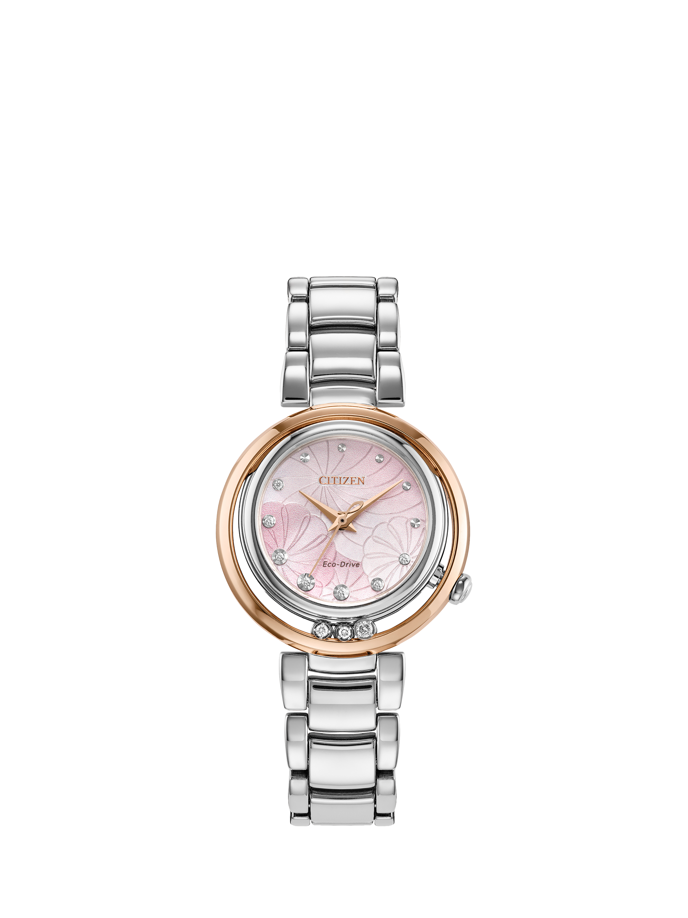 Product image 1 of 8, which shows Citizen EM1114-80Y Women's L Arcly Diamond Eco-Drive Bracelet Strap Watch, Silver/Pink