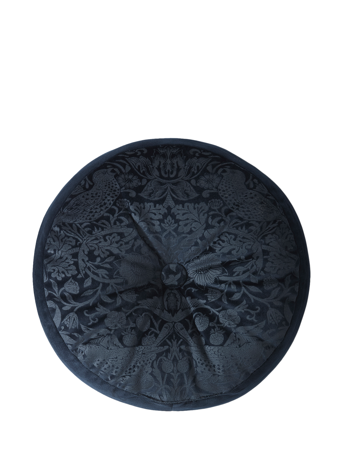 William Morris At Home Strawberry Thief Round Embossed Velvet Cushion, Blue