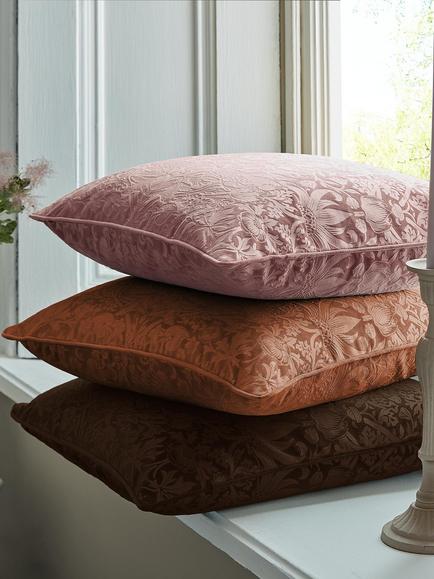 William Morris At Home Strawberry Thief Square Embossed Velvet Cushion - view 2, Chocolate
