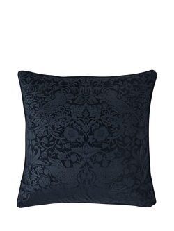 William Morris At Home Strawberry Thief Embossed Velvet Cushion, Blue