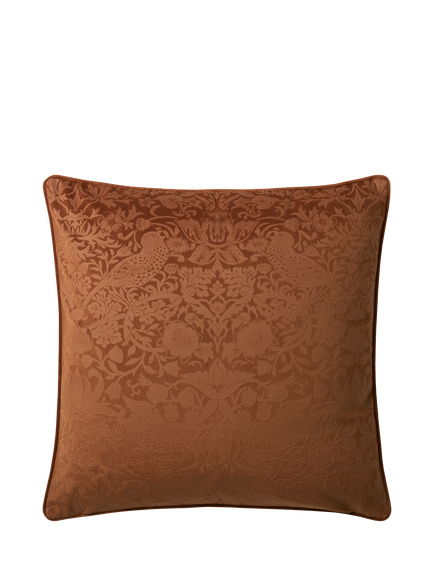 William Morris At Home Strawberry Thief Embossed Velvet Cushion, Saffron