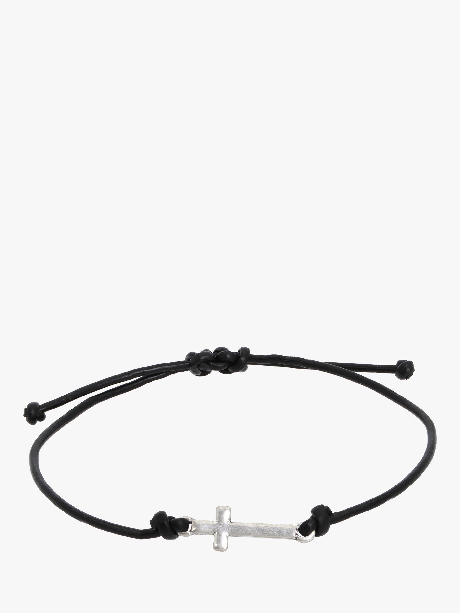 AllSaints Men's Cross Leather Slider Bracelet, Warm Silver