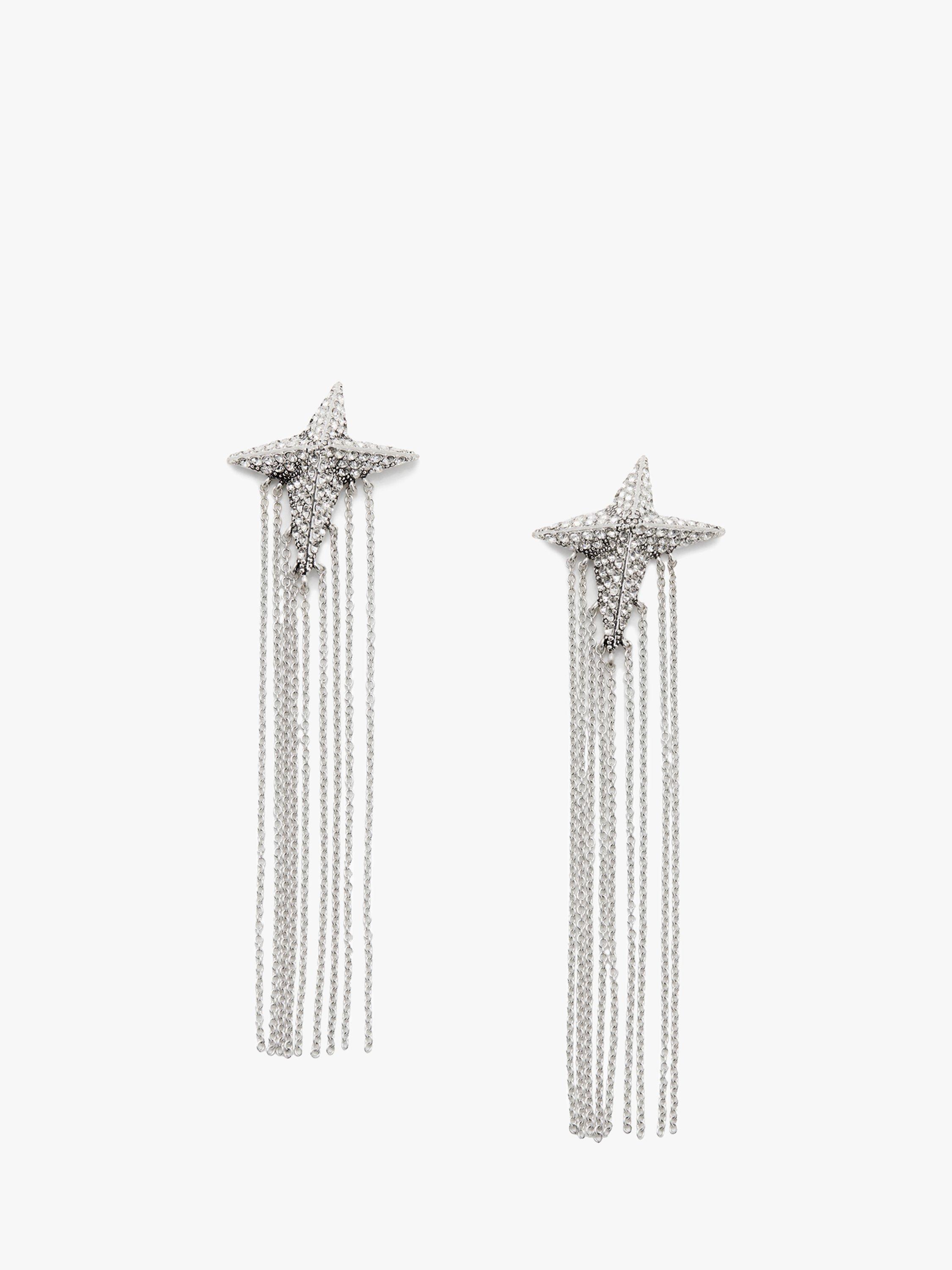 AllSaints Pavé Celestial Star Chain Fringe Earrings, Warm Silver
