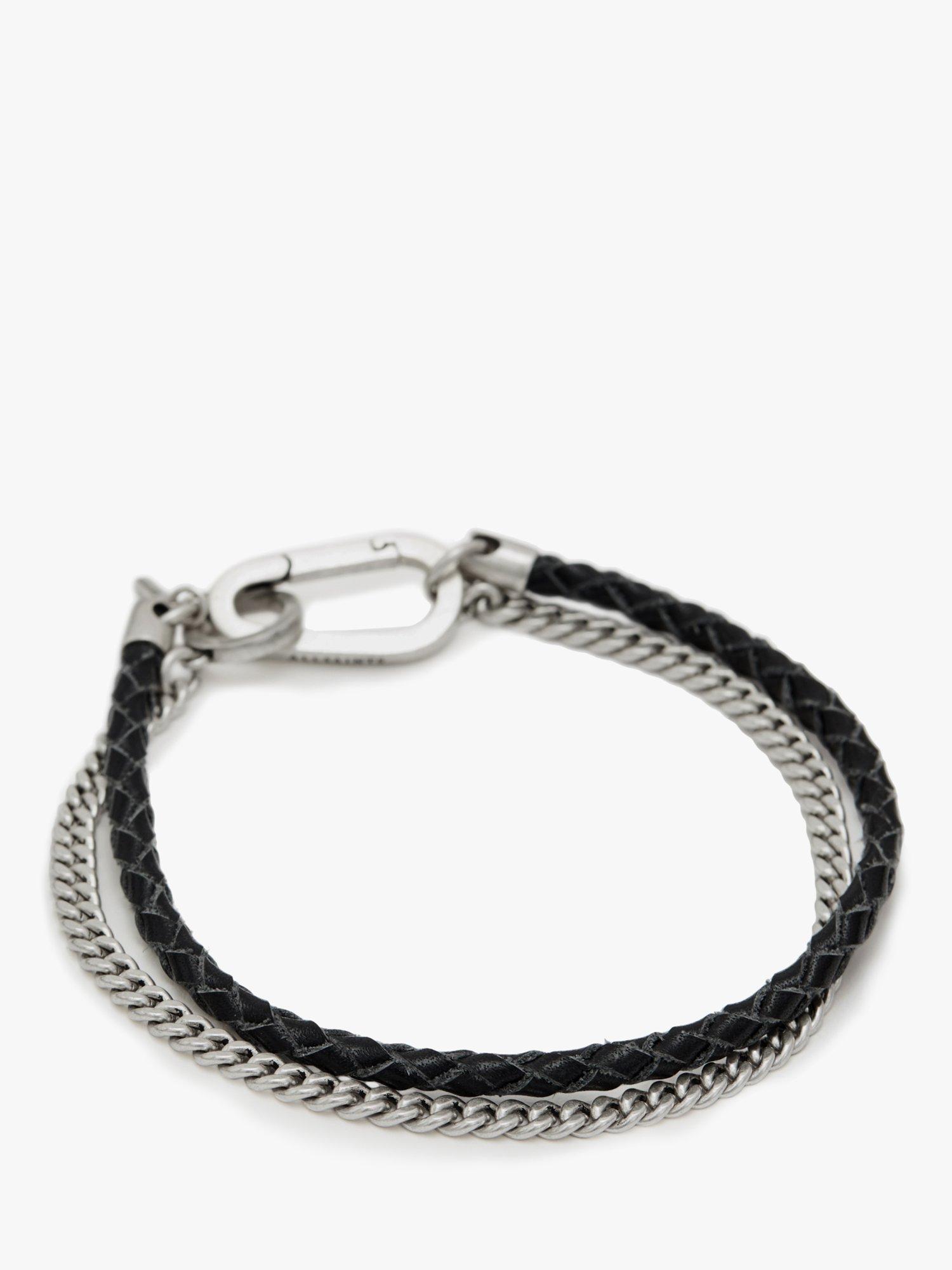 Product image 1 of 5, which shows AllSaints Leather Cord Curb Chain Bracelet, Warm Silver/Black