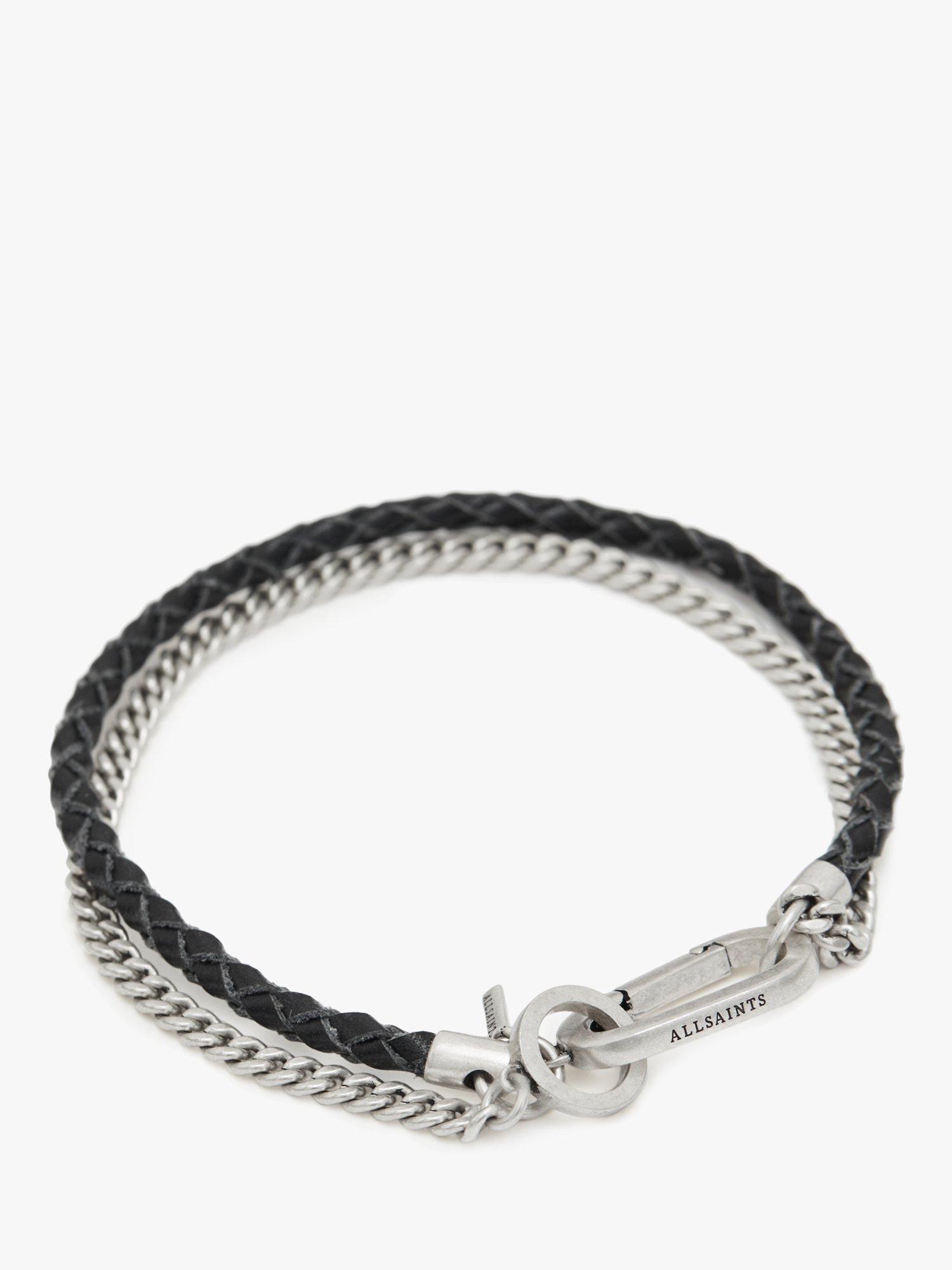 Product image 3 of 5, which shows AllSaints Leather Cord Curb Chain Bracelet, Warm Silver/Black