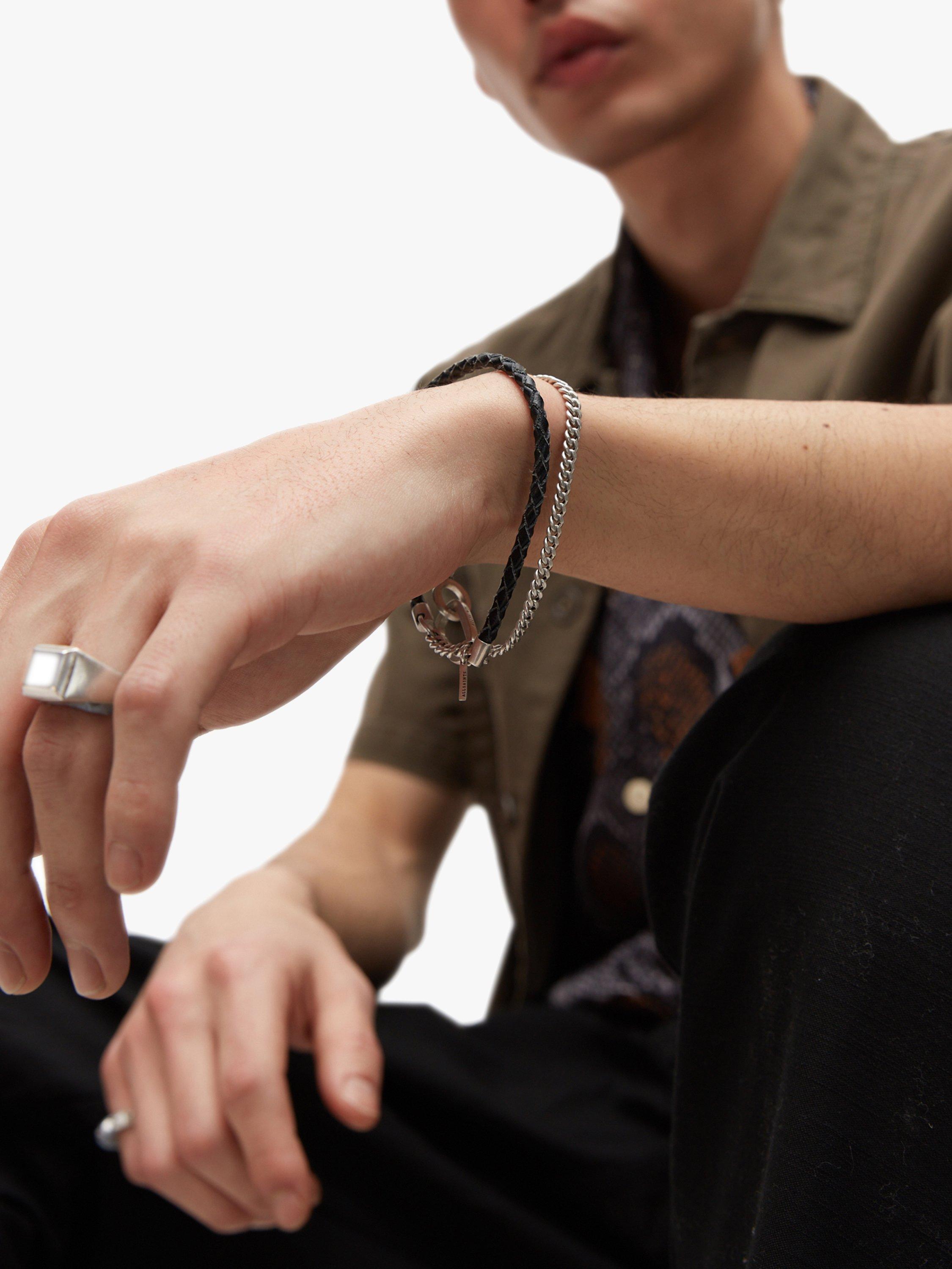 Product image 5 of 5, which shows AllSaints Leather Cord Curb Chain Bracelet, Warm Silver/Black