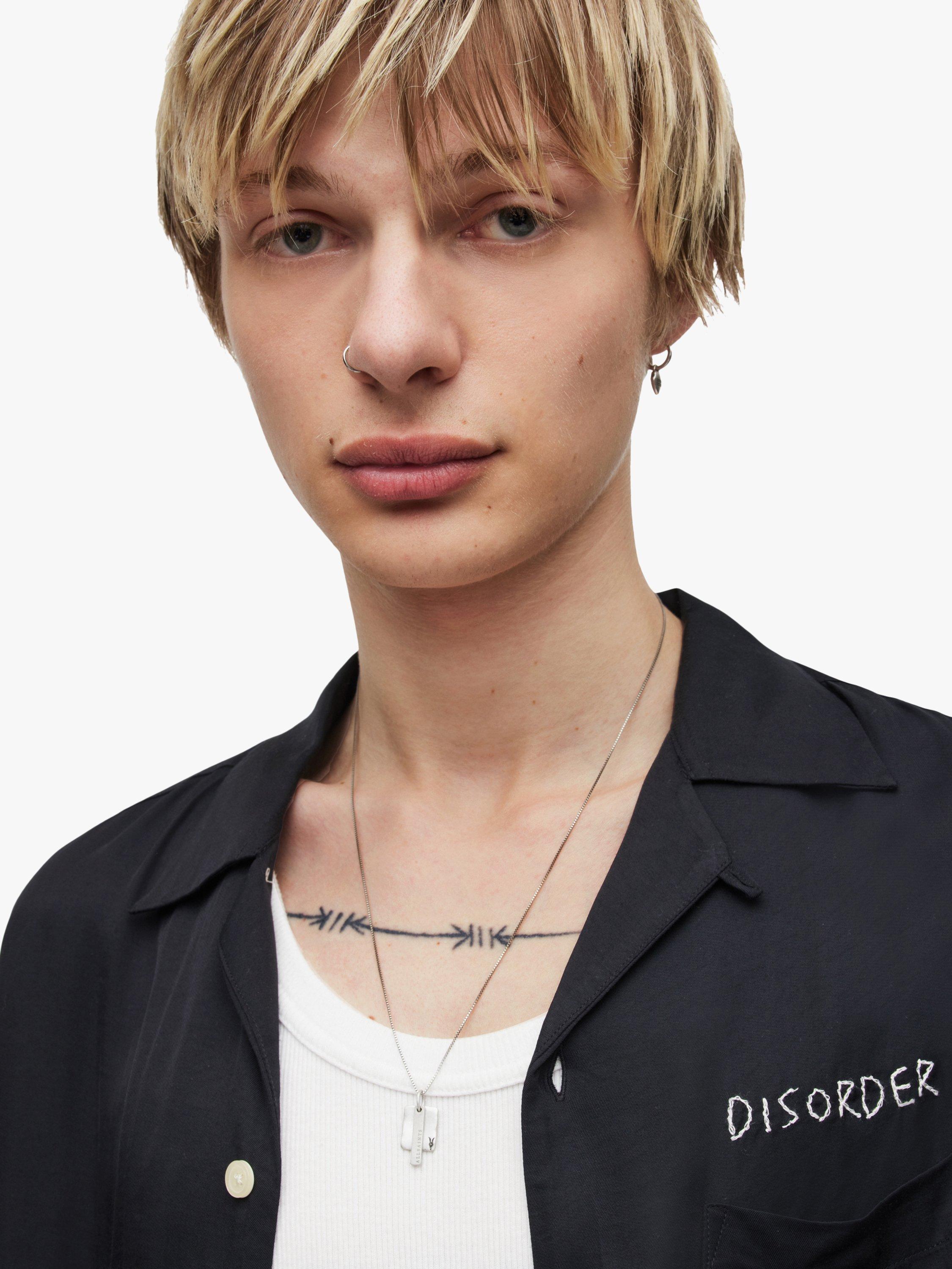 Product image 4 of 4, which shows AllSaints Tag Pendant Box Chain Necklace, Warm Silver