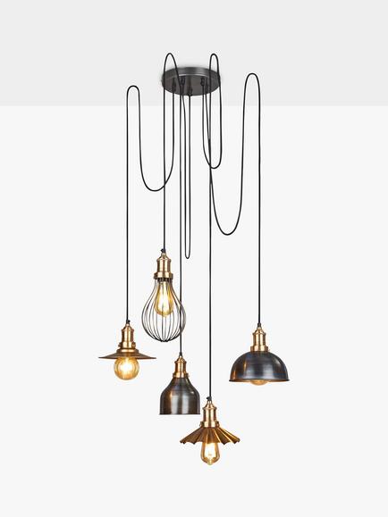 Industville Brooklyn 5 Wire Spider Pendant Ceiling Light, Brass
