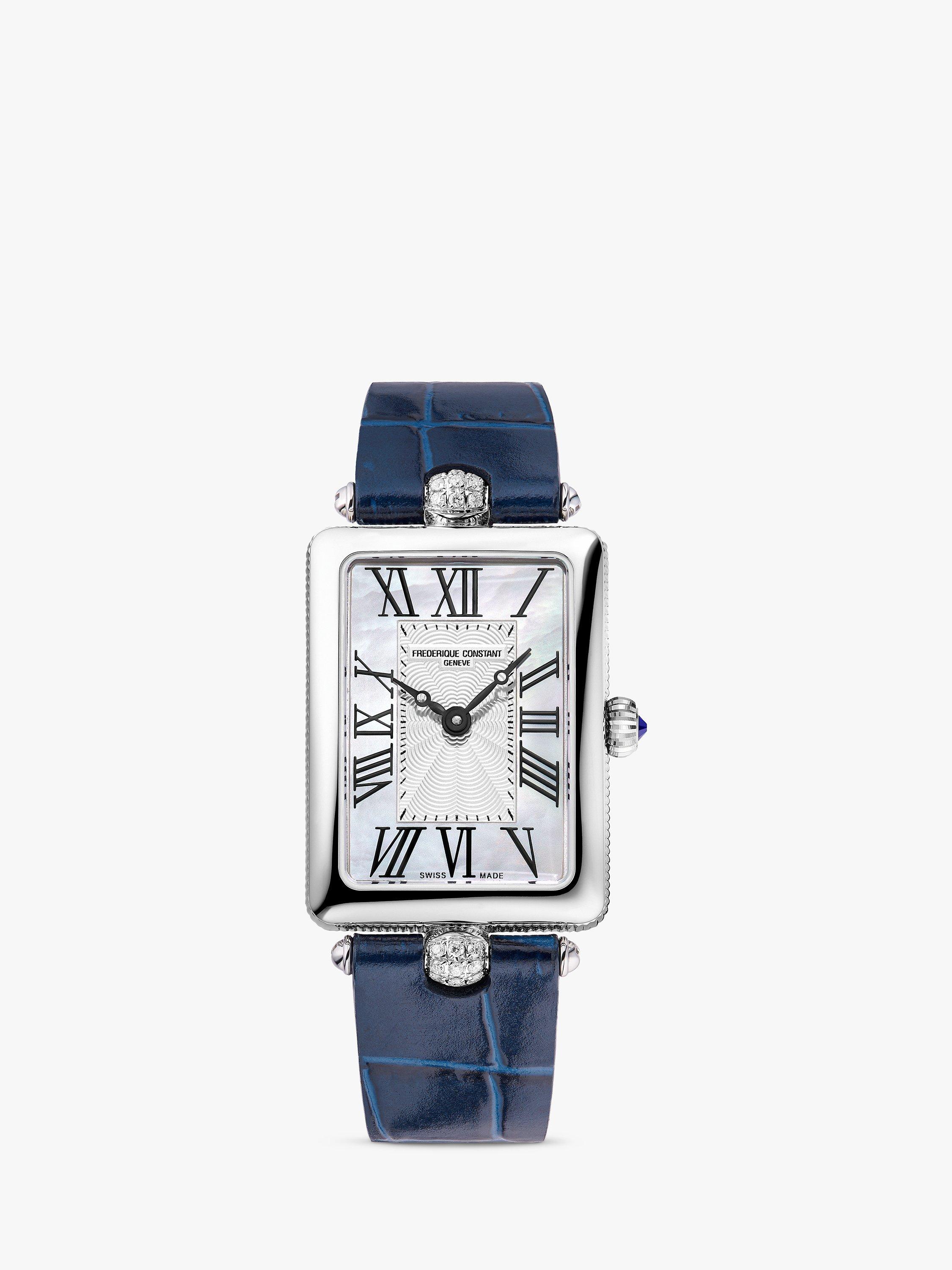 Frederique Constant FC-200MPW2AC2D6 Women's Classics Art Deco Carree  Automatic Leather Strap Watch, Dark Blue/Silver