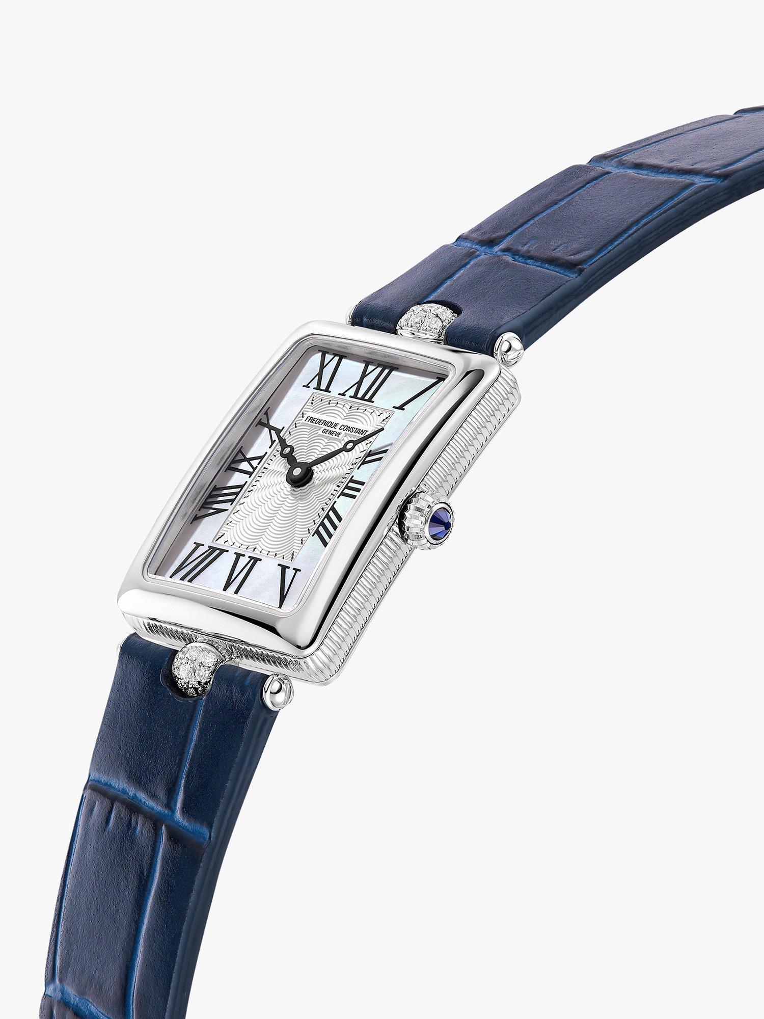 Product image 3 of 4, which shows Frederique Constant FC-200MPW2AC2D6 Women's Classics Art Deco Carree Automatic Leather Strap Watch, Dark Blue/Silver