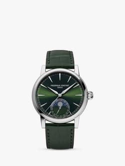 Frederique Constant FC-716 Men's Classic Moonphase Date Manufacture Leather Strap Watch, Silver/Green
