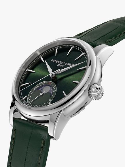 Frederique Constant FC-716 Men's Classic Moonphase Date Manufacture Leather Strap Watch - view 2, Silver/Green